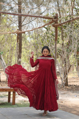 Alluring Maroon Georgette Wedding Wear Gown With Dupatta