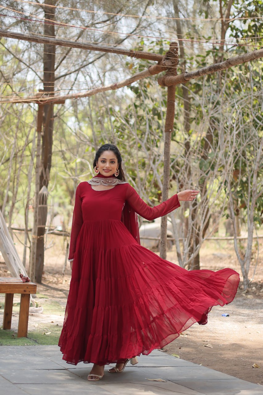 Alluring Maroon Georgette Wedding Wear Gown With Dupatta