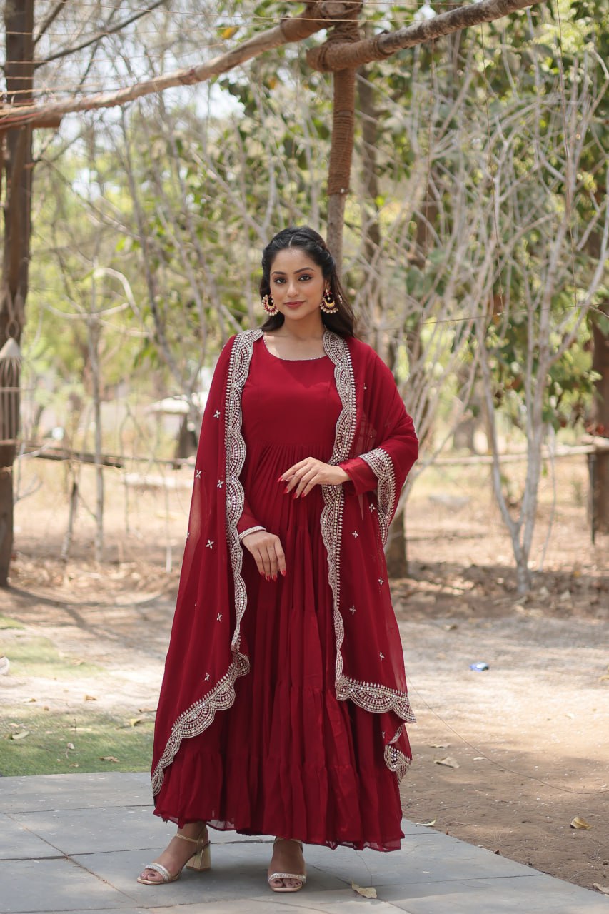 Alluring Maroon Georgette Wedding Wear Gown With Dupatta