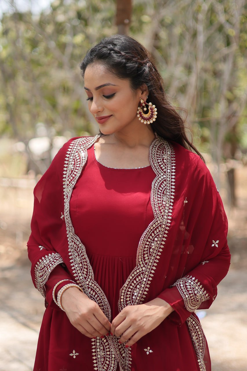 Alluring Maroon Georgette Wedding Wear Gown With Dupatta