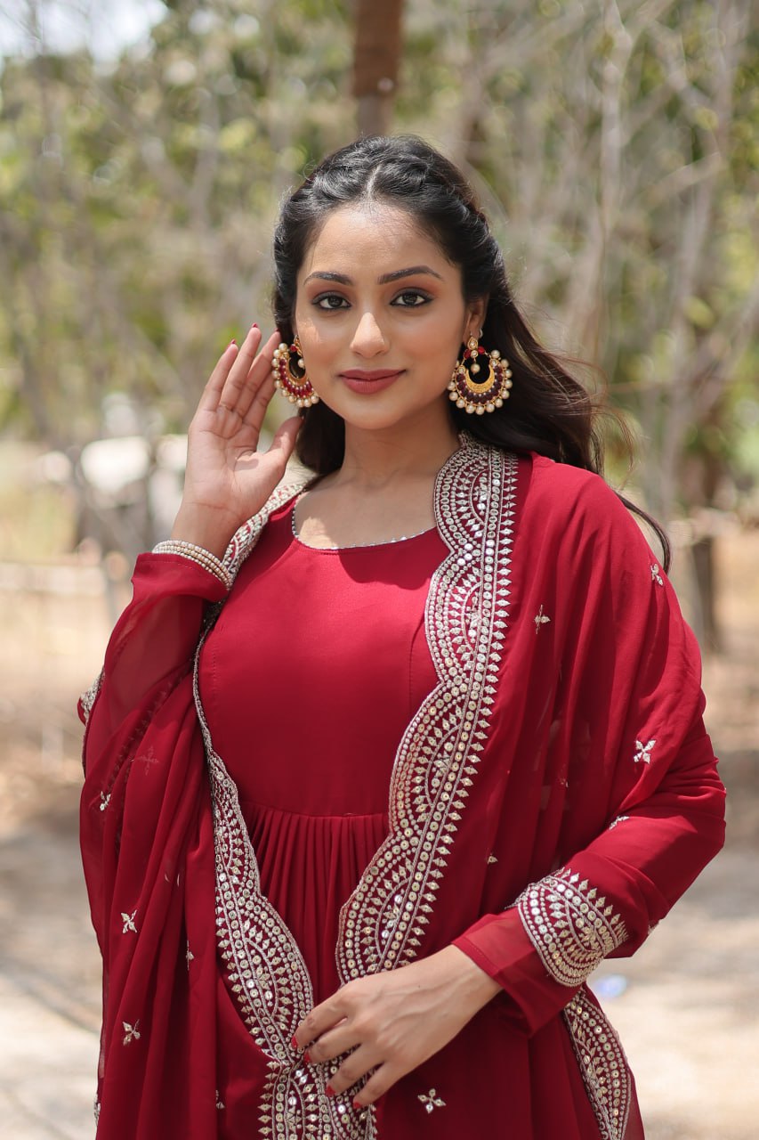 Alluring Maroon Georgette Wedding Wear Gown With Dupatta