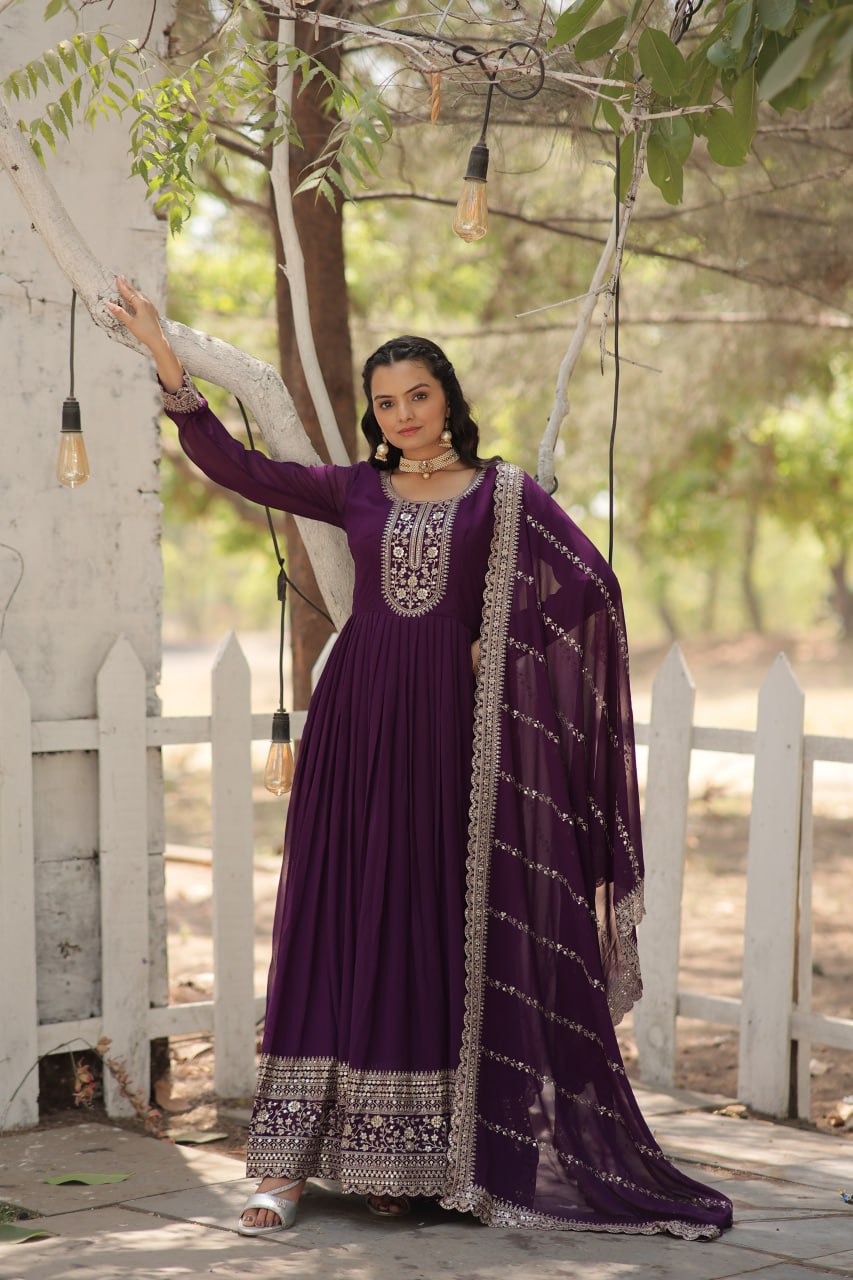 BEWITCHING PURPLE SEQUINS GEORGETTE DESIGNER GOWN WITH DUPATTA