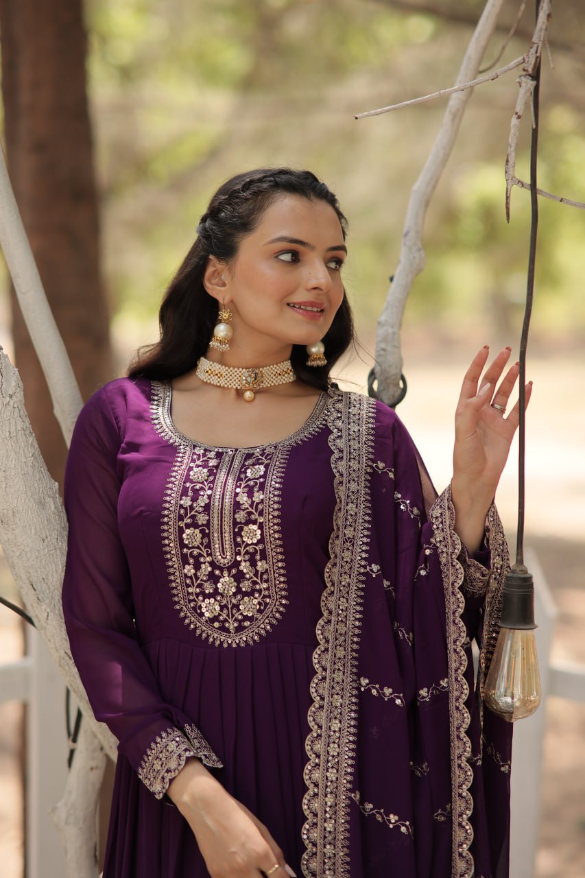 BEWITCHING PURPLE SEQUINS GEORGETTE DESIGNER GOWN WITH DUPATTA