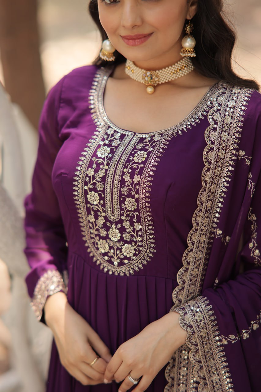 BEWITCHING PURPLE SEQUINS GEORGETTE DESIGNER GOWN WITH DUPATTA