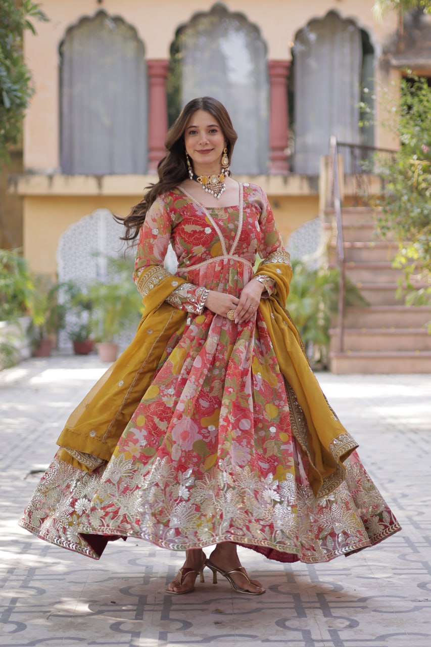 Designer Multi Color Gown In Russian Silk With Print And Embroidery With Dupatta