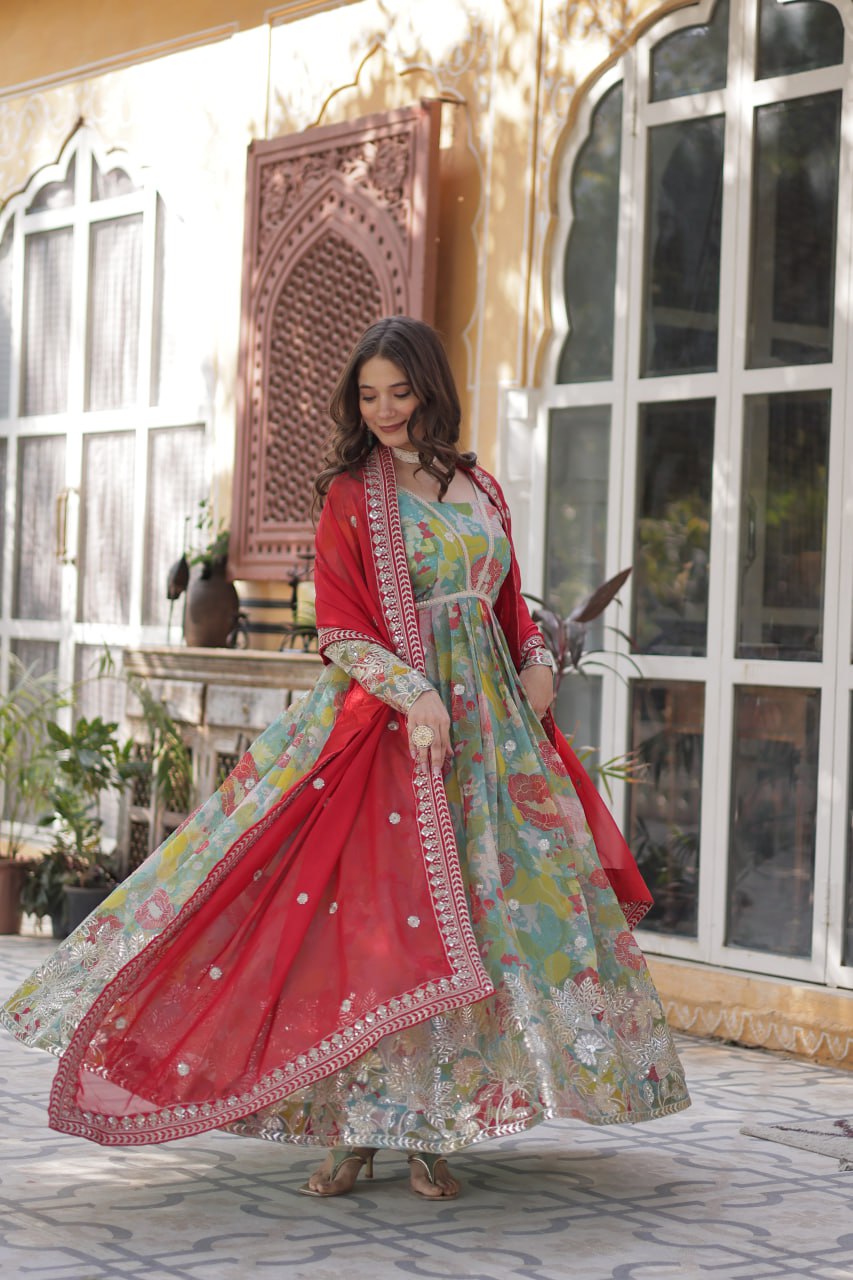Designer Multi Color Gown In Russian Silk With Print And Embroidery With Dupatta