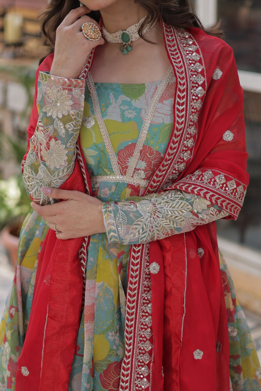 Designer Multi Color Gown In Russian Silk With Print And Embroidery With Dupatta