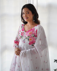 Beautiful White Floral Printed Organza Festival Wear Anarkali Suit