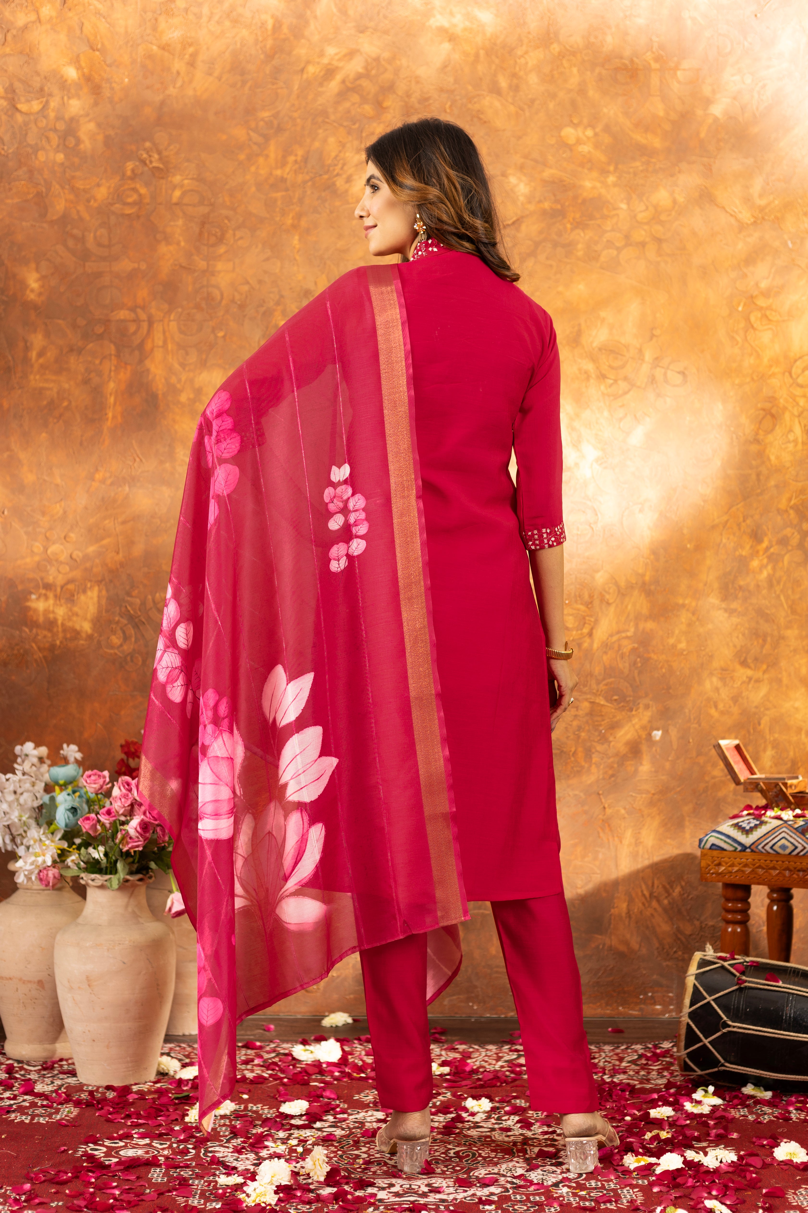 FABULOUS RANI PINK EMBROIDERED KURTA PANT SET WITH FLORAL DUPATTA