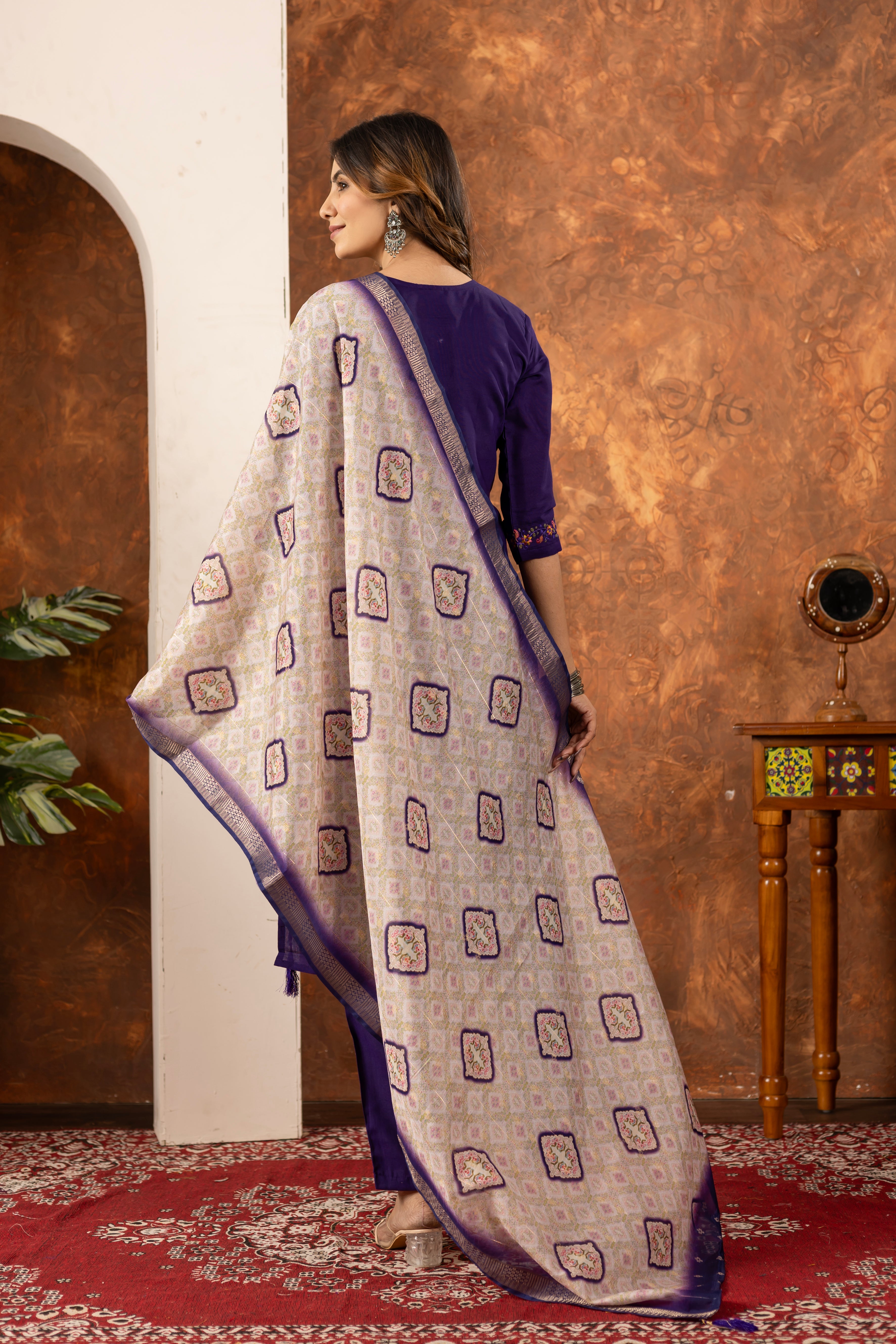 ELEGANT PURPLE EMBROIDERED FESTIVAL SUIT SET WITH PRINTED DUPATTA