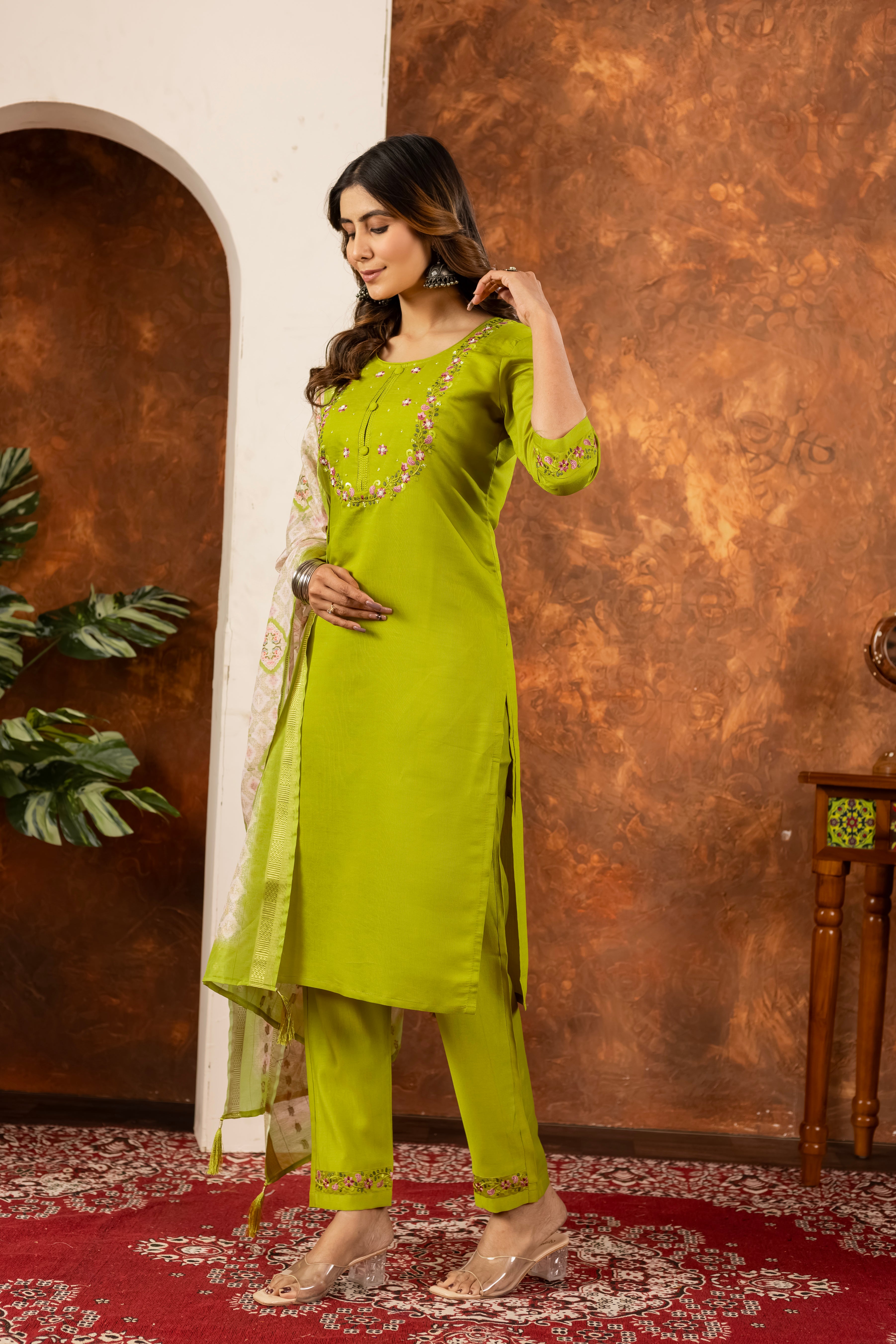 LIME GREEN FESTIVE KURTA SET WITH EMBROIDERED NECKLINE AND PRINTED DUPATTA