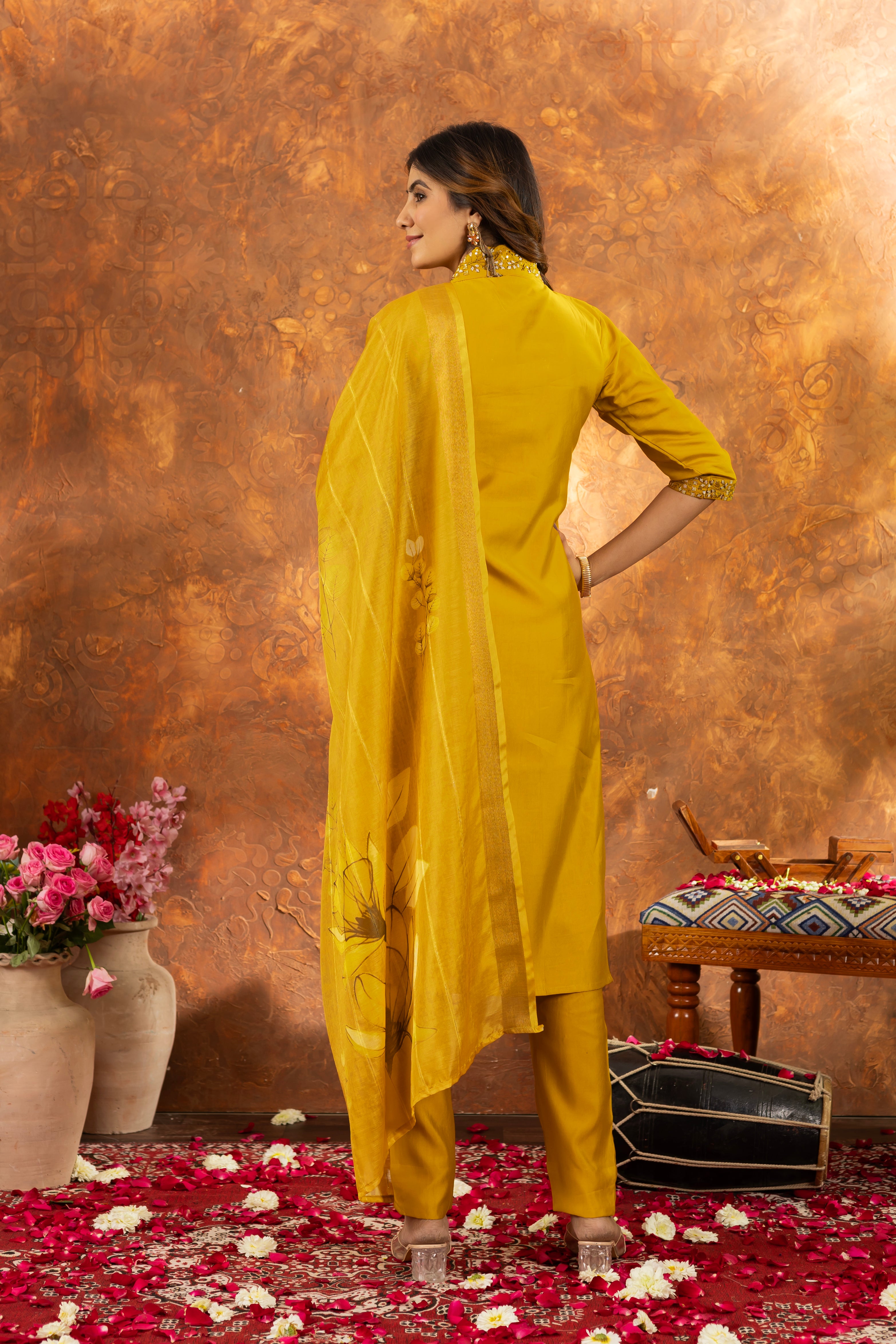MUSTARD YELLOW EMBROIDERED KURTA PANT SET WITH FLORAL DUPATTA