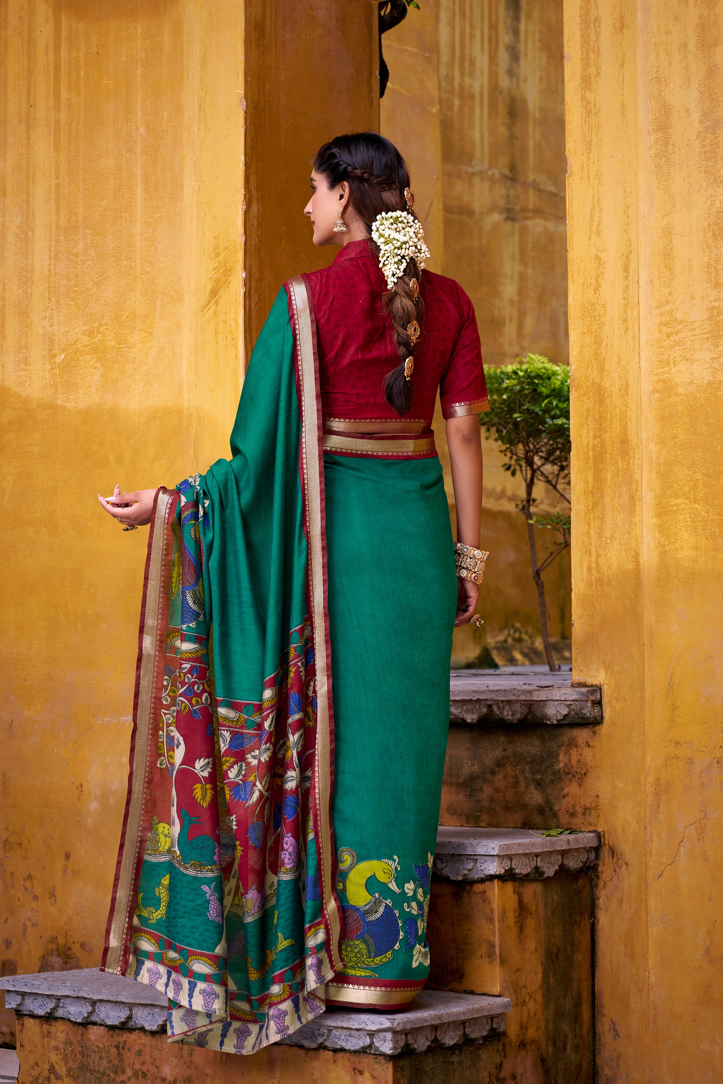 RICH KALAMKARI PRINT CHANDERI SILK TRADITIONAL SAREE WITH BLOUSE