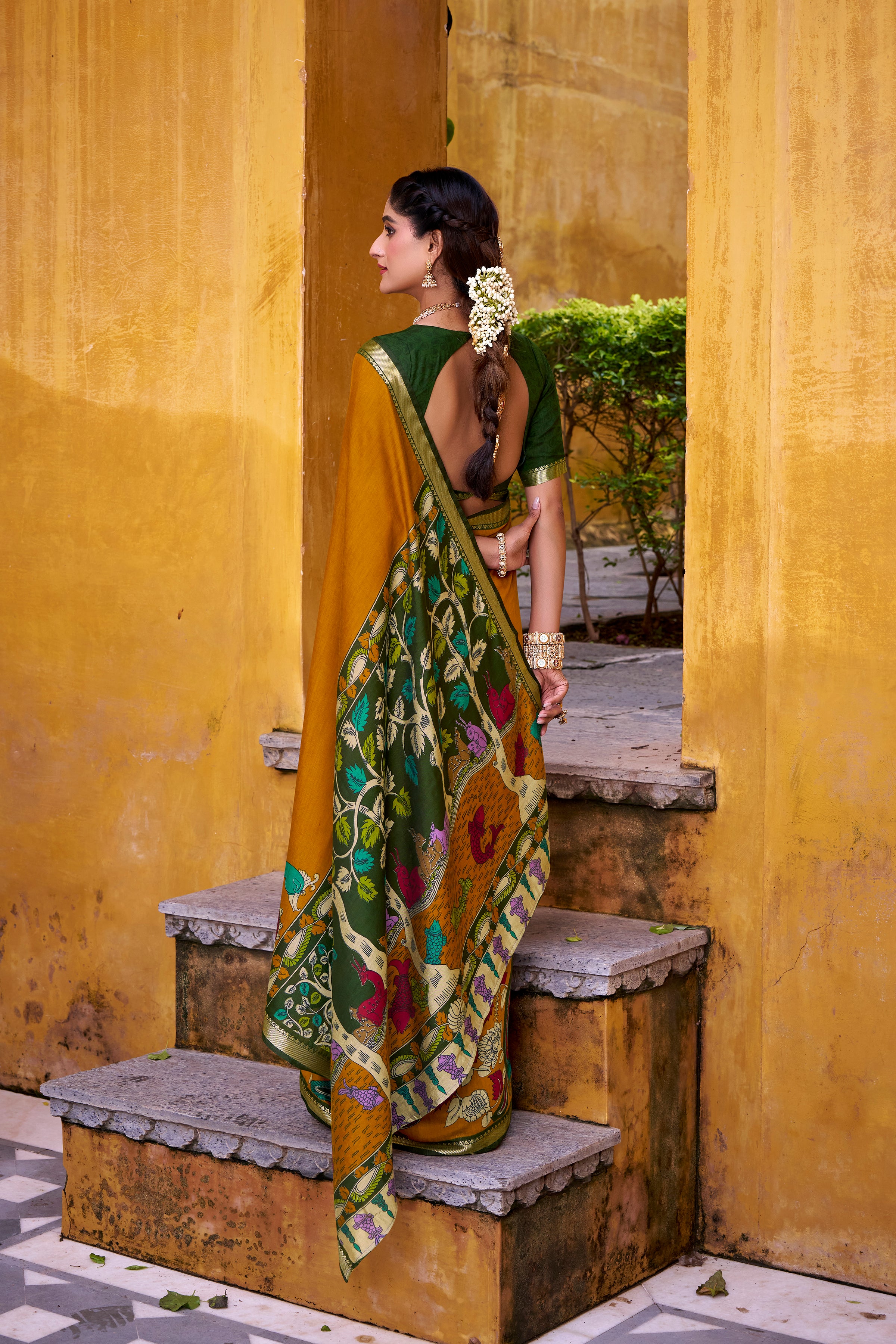 RICH KALAMKARI PRINT CHANDERI SILK TRADITIONAL SAREE WITH BLOUSE