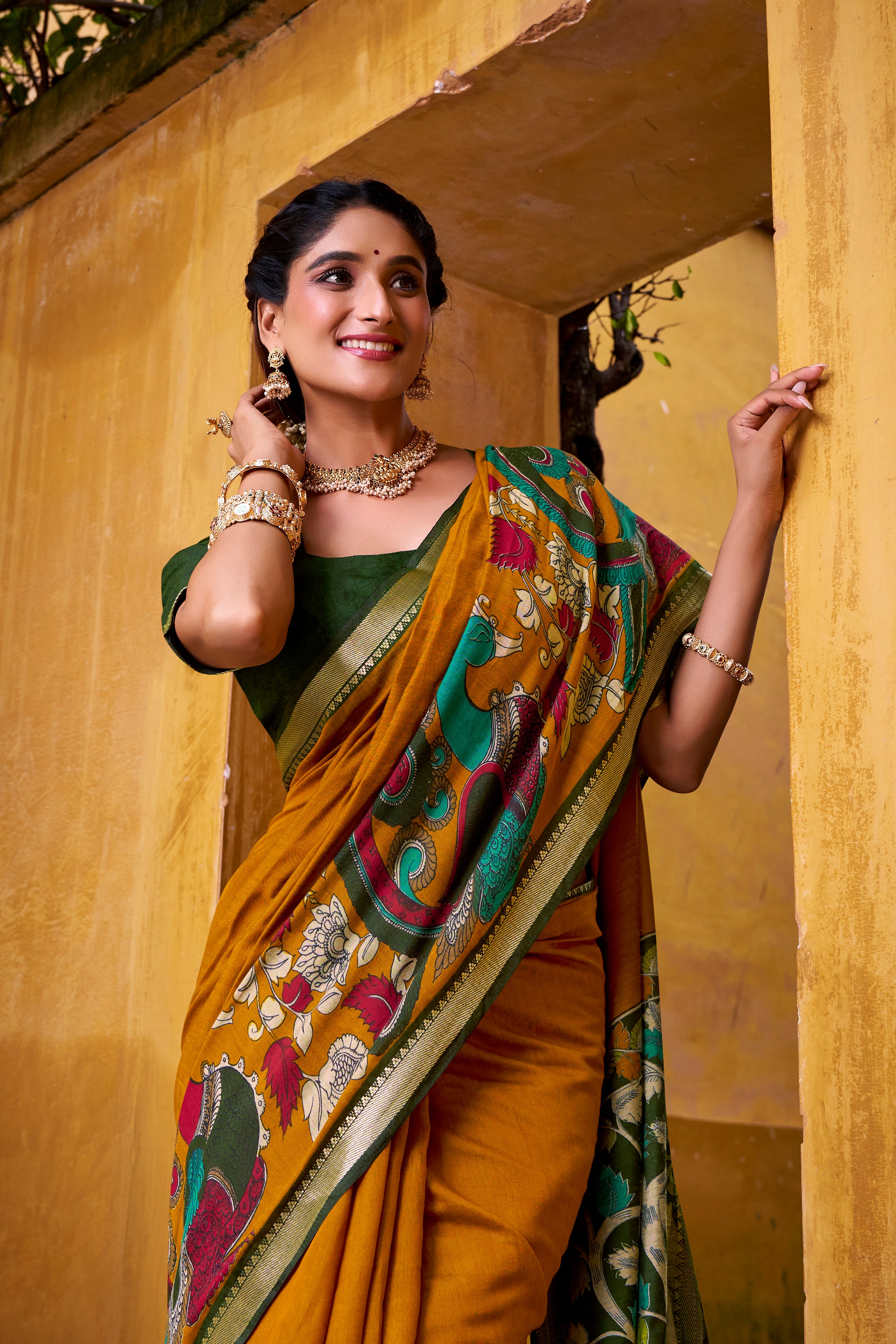 RICH KALAMKARI PRINT CHANDERI SILK TRADITIONAL SAREE WITH BLOUSE