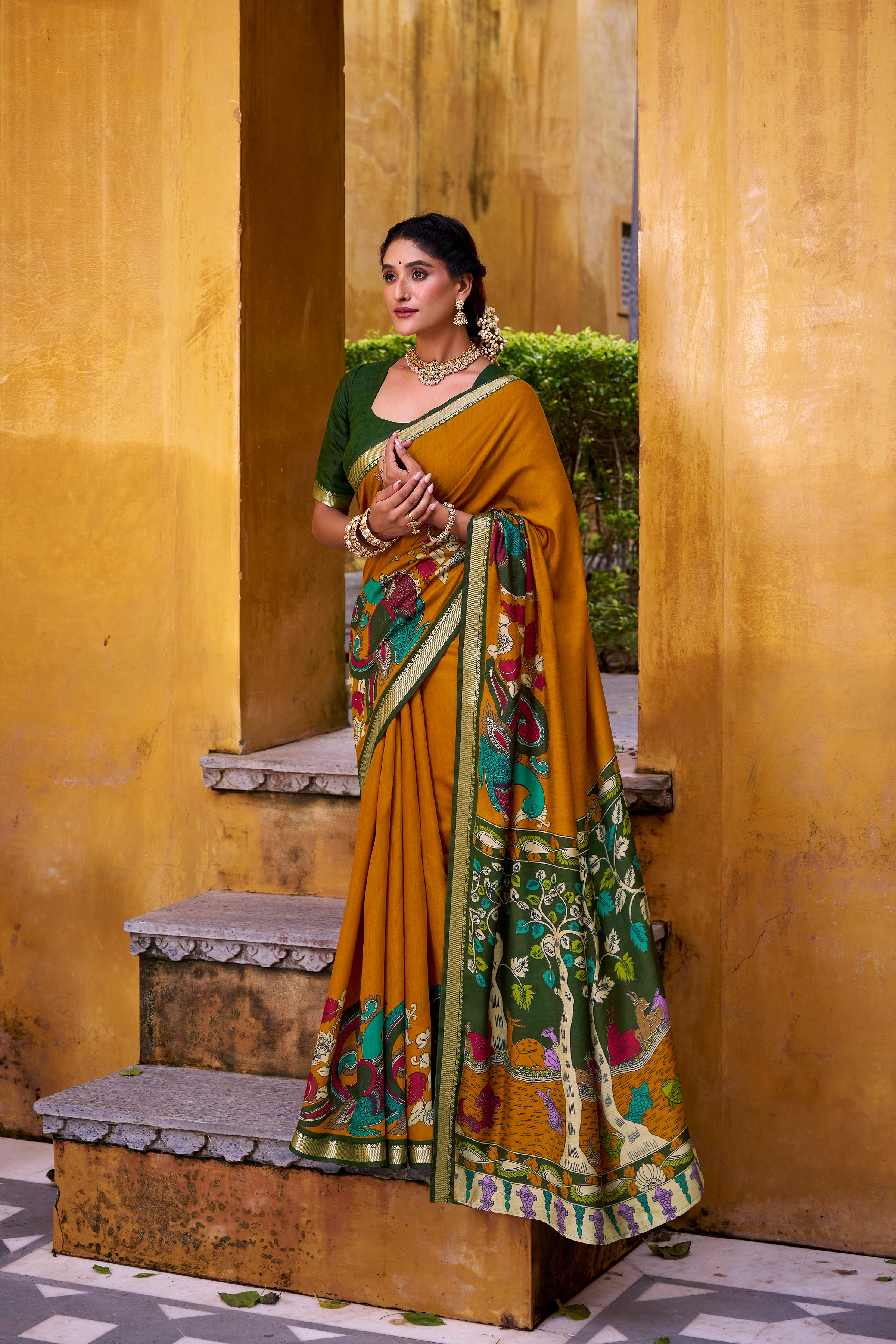 RICH KALAMKARI PRINT CHANDERI SILK TRADITIONAL SAREE WITH BLOUSE