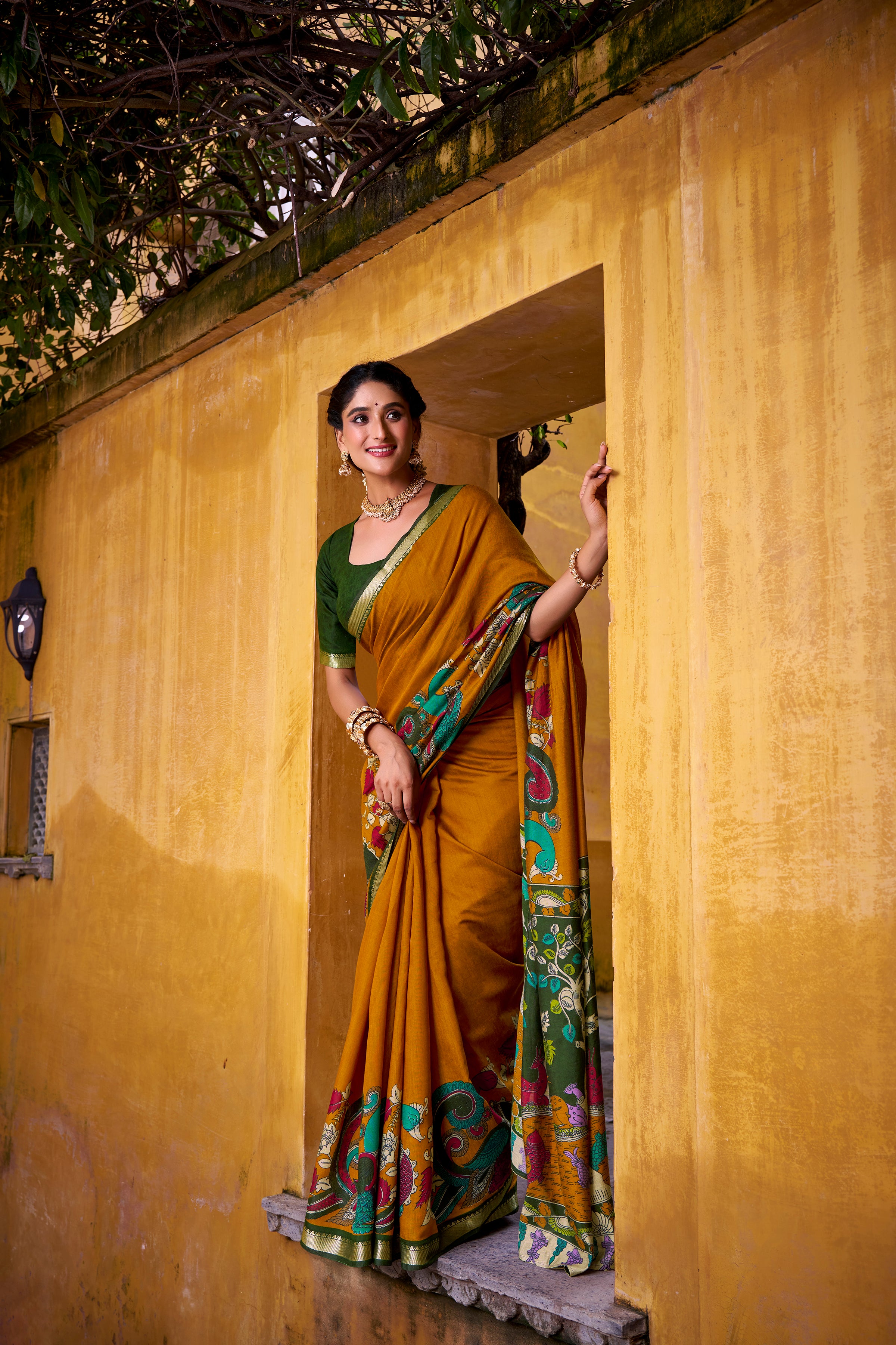 RICH KALAMKARI PRINT CHANDERI SILK TRADITIONAL SAREE WITH BLOUSE