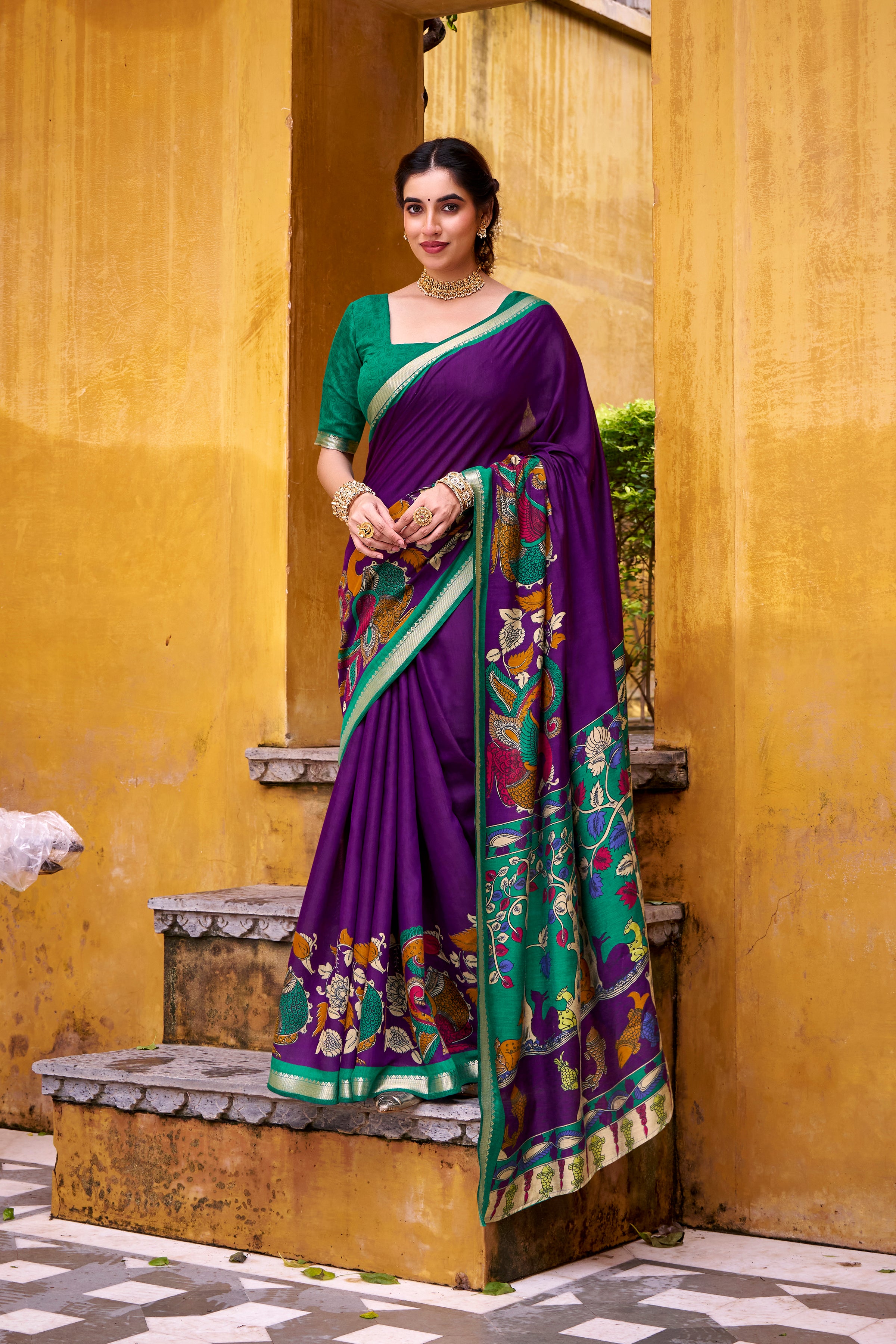 RICH KALAMKARI PRINT CHANDERI SILK TRADITIONAL SAREE WITH BLOUSE