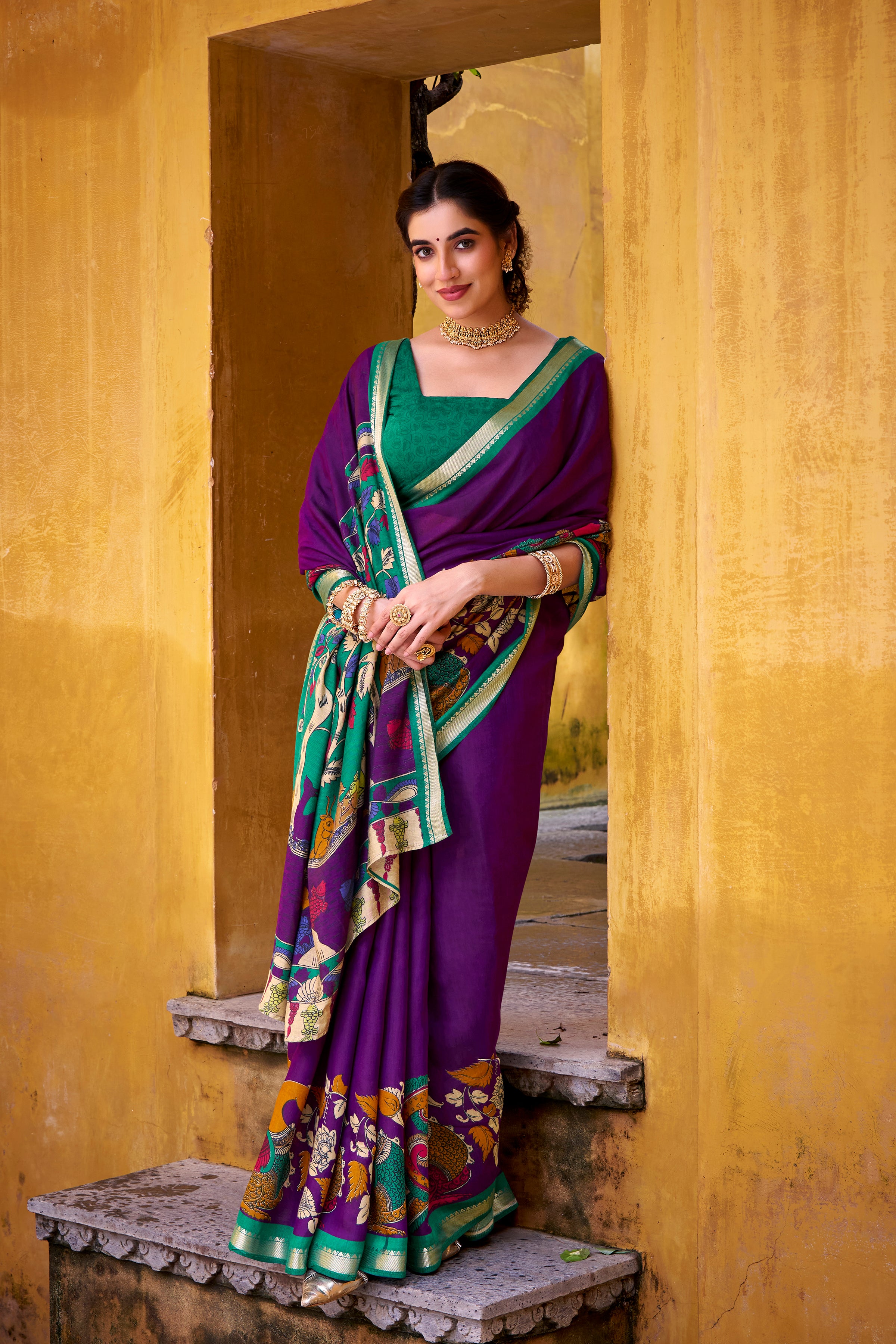 RICH KALAMKARI PRINT CHANDERI SILK TRADITIONAL SAREE WITH BLOUSE