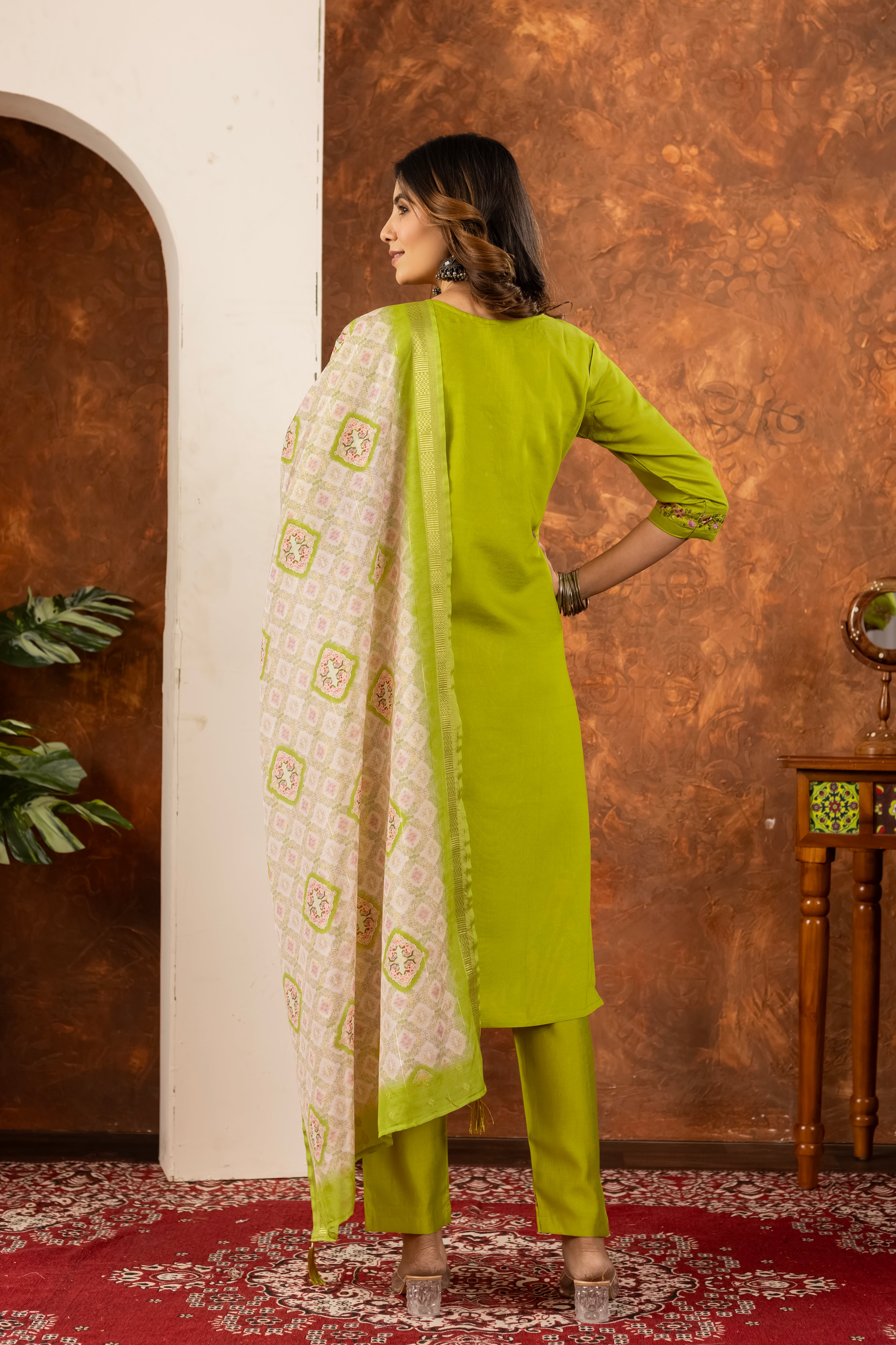 LIME GREEN FESTIVE KURTA SET WITH EMBROIDERED NECKLINE AND PRINTED DUPATTA