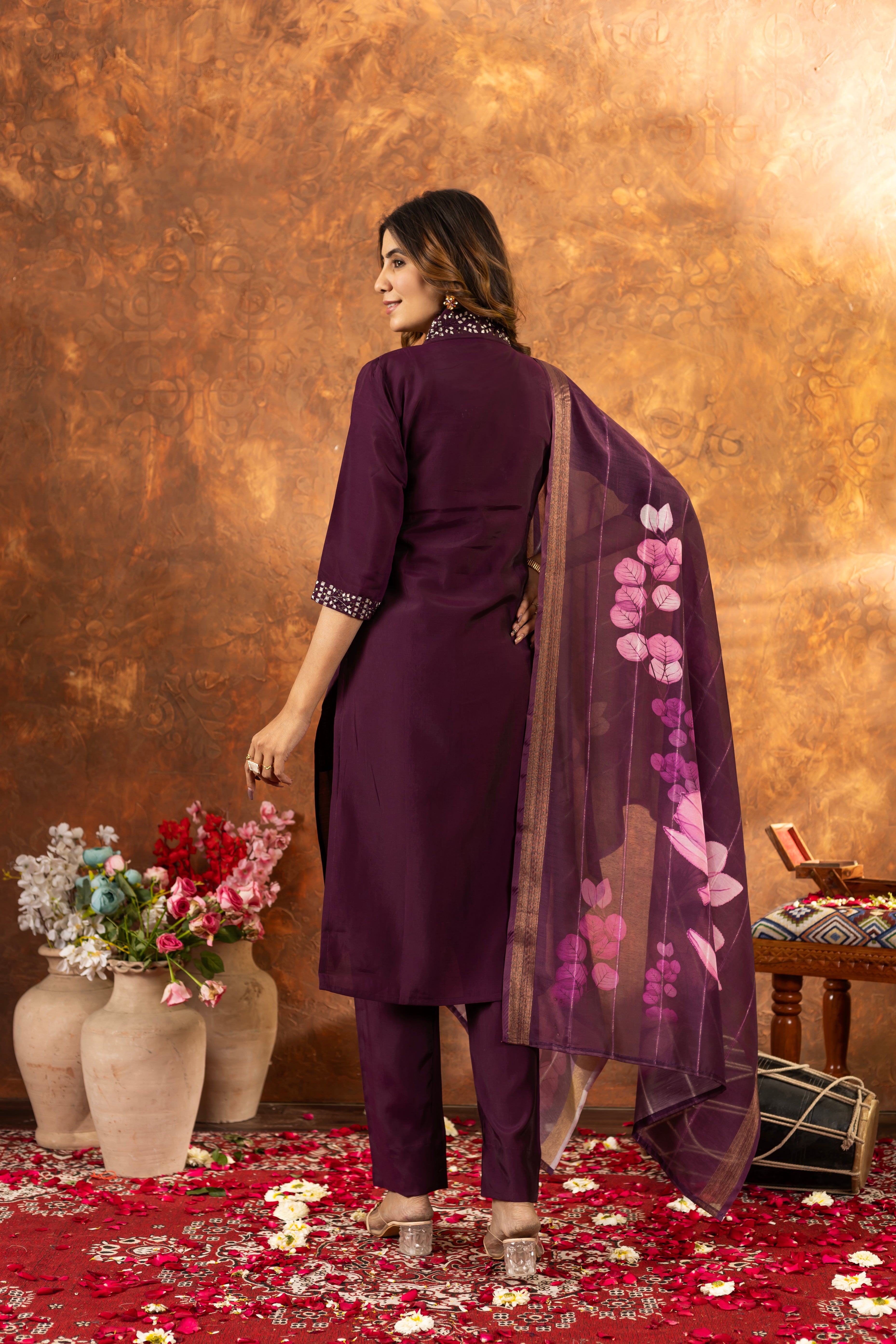 STYLISH PURPLE EMBROIDERED KURTA PANT SET WITH FLORAL DUPATTA