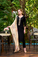 WOMEN'S BLACK VISCOSE RAYON EMBROIDERED STRAIGHT KURTA SET