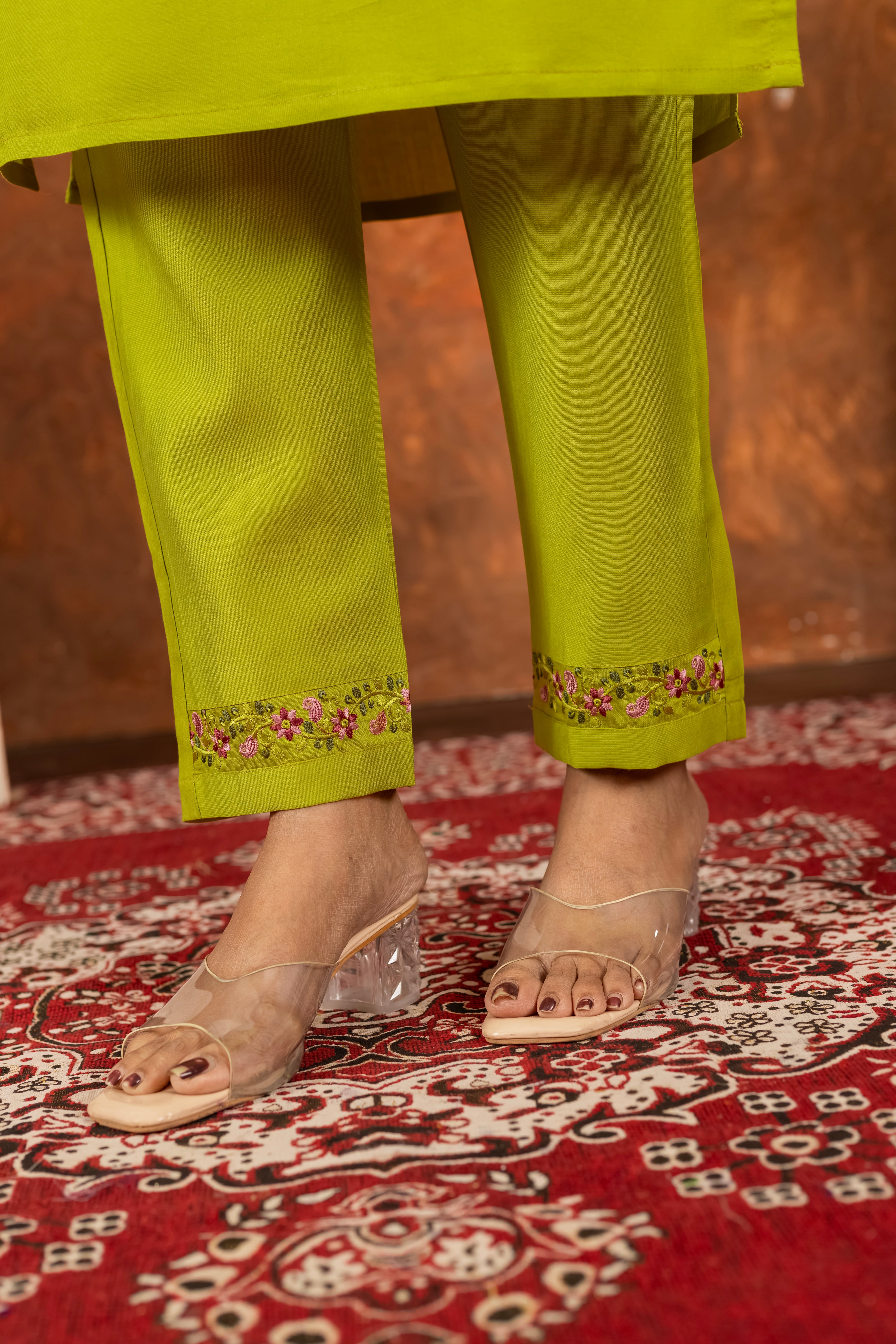 LIME GREEN FESTIVE KURTA SET WITH EMBROIDERED NECKLINE AND PRINTED DUPATTA