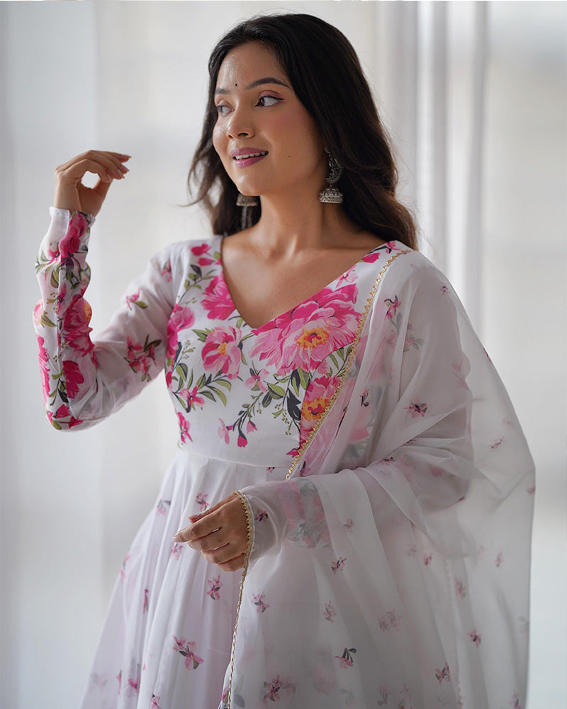 Beautiful White Floral Printed Organza Festival Wear Anarkali Suit