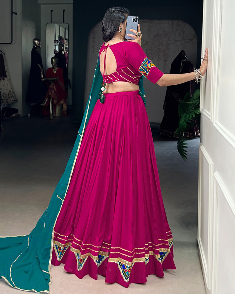 ELEGANT PINK COLOR RAYON LEHENGA CHOLI WITH COLORFUL GAMTHI PATCH