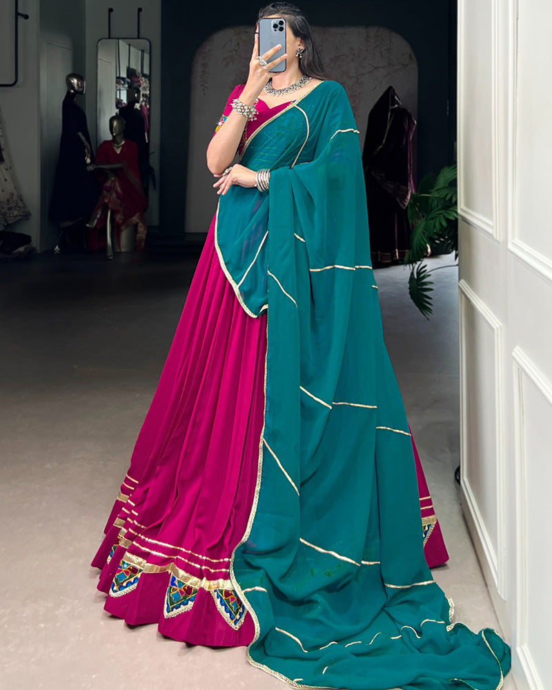 ELEGANT PINK COLOR RAYON LEHENGA CHOLI WITH COLORFUL GAMTHI PATCH