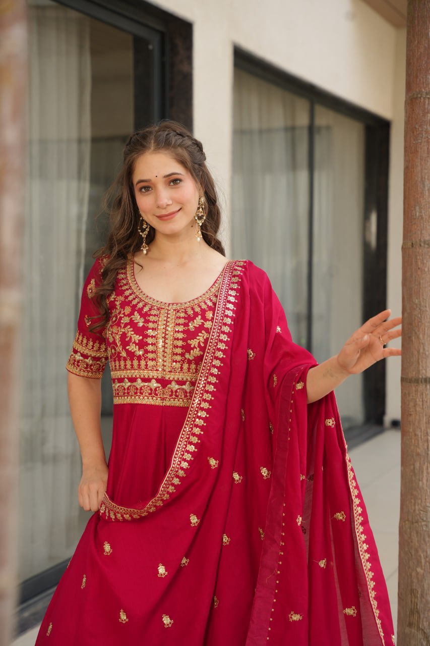 Aadishri Pink Silk Sequins Embroidered Gown