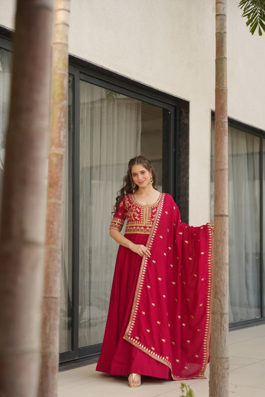 Aadishri Pink Silk Sequins Embroidered Gown