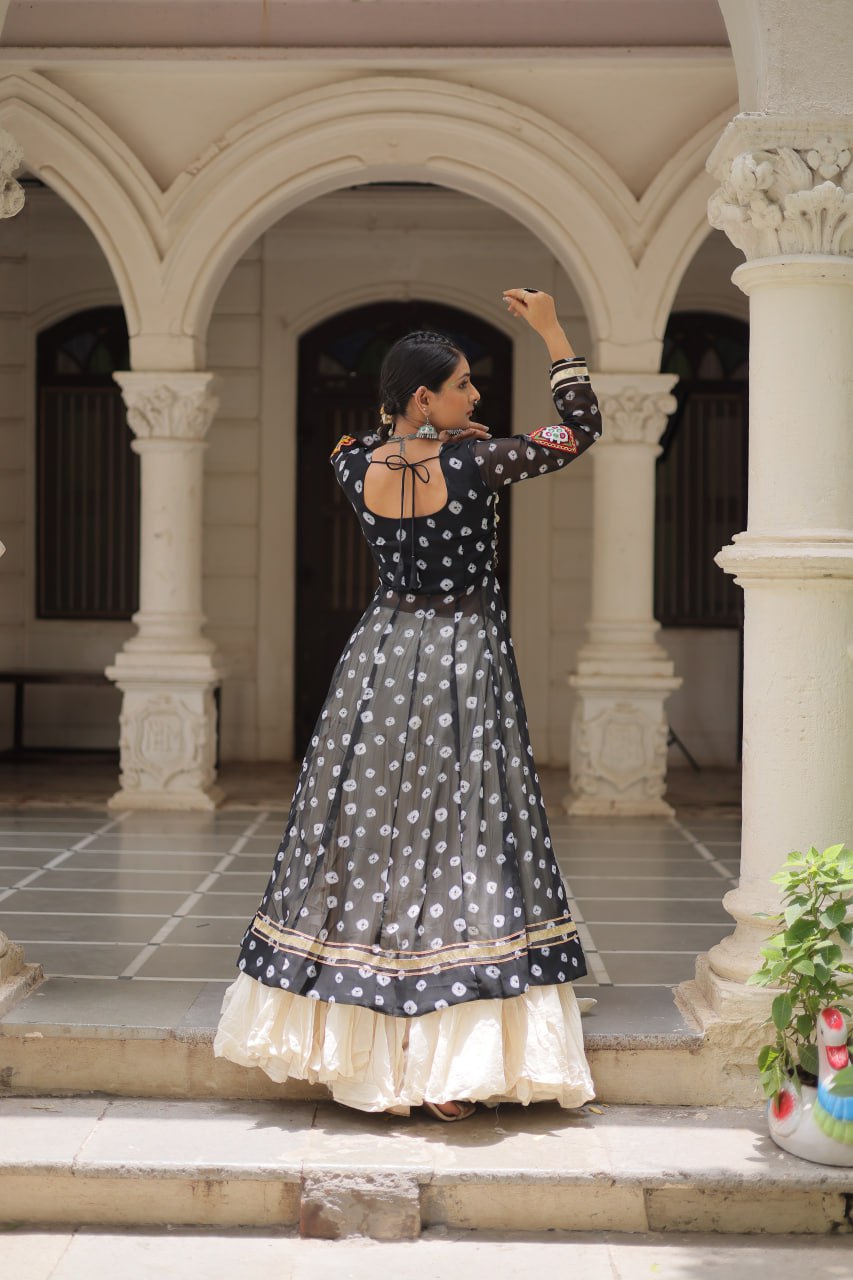 KORA COTTON STYLISH FRILL STITCHING BEAUTIFUL NAVRATRI LEHENGA WITH BANDHANI PRINTED KURTI
