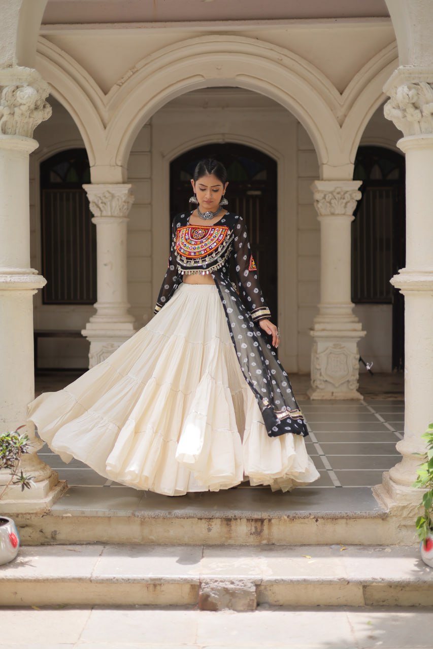 KORA COTTON STYLISH FRILL STITCHING BEAUTIFUL NAVRATRI LEHENGA WITH BANDHANI PRINTED KURTI