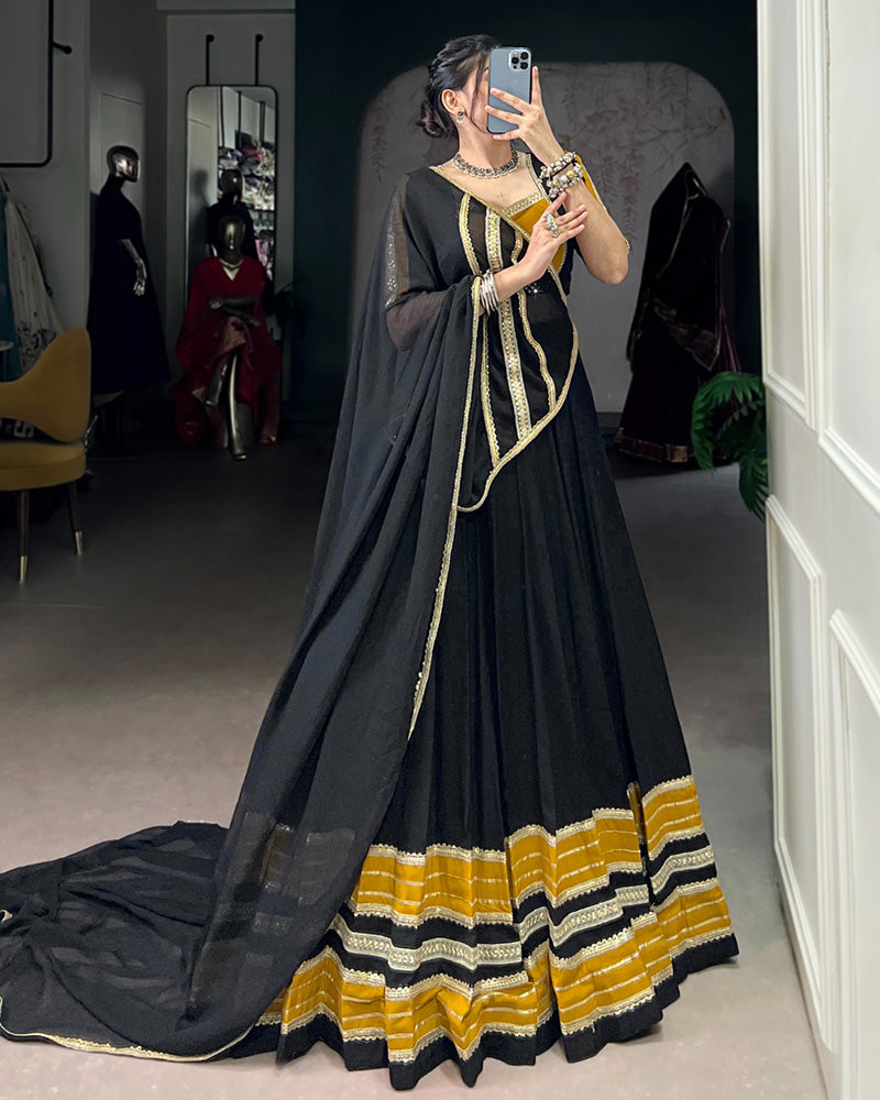 BLACK BEAUTIFUL PURE RAYON ORIGINAL MIRROR WORK STUNNING NAVRATRI LEHENGA CHOLI