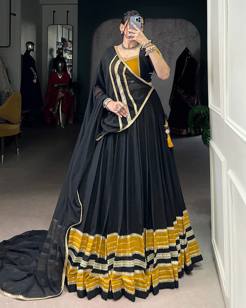BLACK BEAUTIFUL PURE RAYON ORIGINAL MIRROR WORK STUNNING NAVRATRI LEHENGA CHOLI