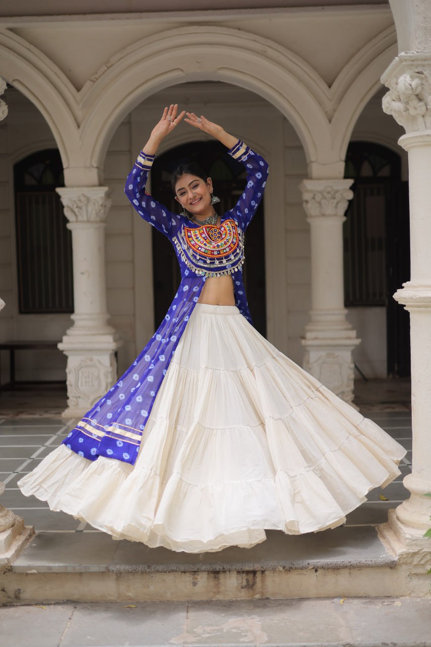 KORA COTTON STYLISH FRILL STITCHING BEAUTIFUL NAVRATRI LEHENGA WITH BANDHANI PRINTED KURTI
