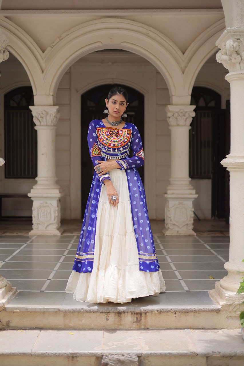 KORA COTTON STYLISH FRILL STITCHING BEAUTIFUL NAVRATRI LEHENGA WITH BANDHANI PRINTED KURTI