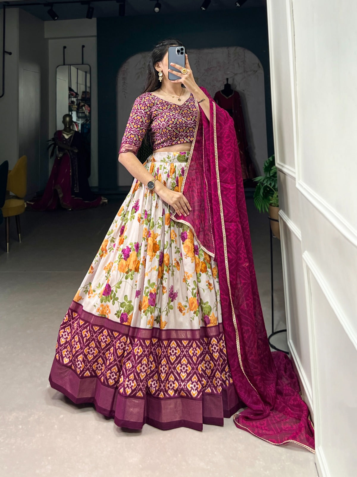 Cream Floral Print Lehenga Choli With Delicate Pink Dupatta