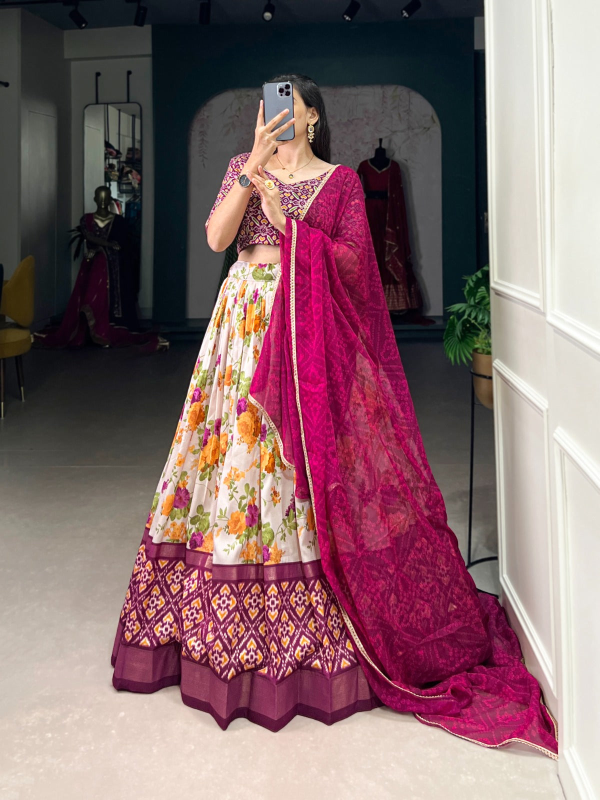Cream Floral Print Lehenga Choli With Delicate Pink Dupatta