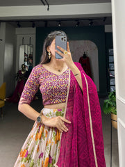 Cream Floral Print Lehenga Choli With Delicate Pink Dupatta