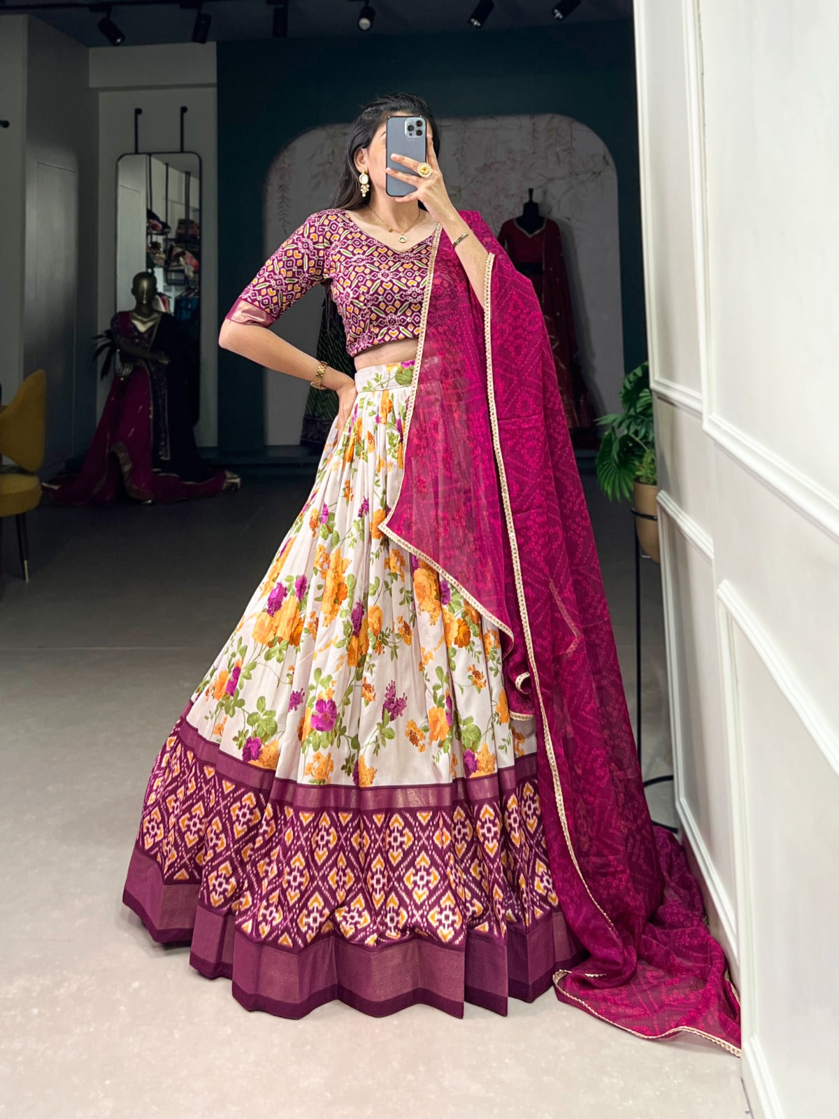 Cream Floral Print Lehenga Choli With Delicate Pink Dupatta