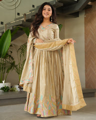 Cream Color Chinnon Sequence Embroidered Gown