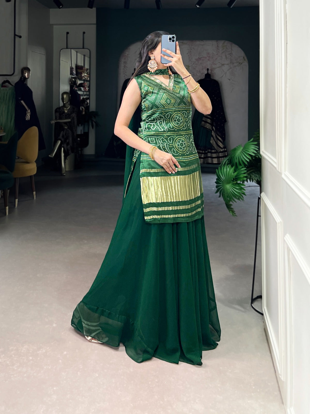Designer Green Color Gaji Silk Three Piece Plazzo Suit