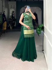 Designer Green Color Gaji Silk Three Piece Plazzo Suit