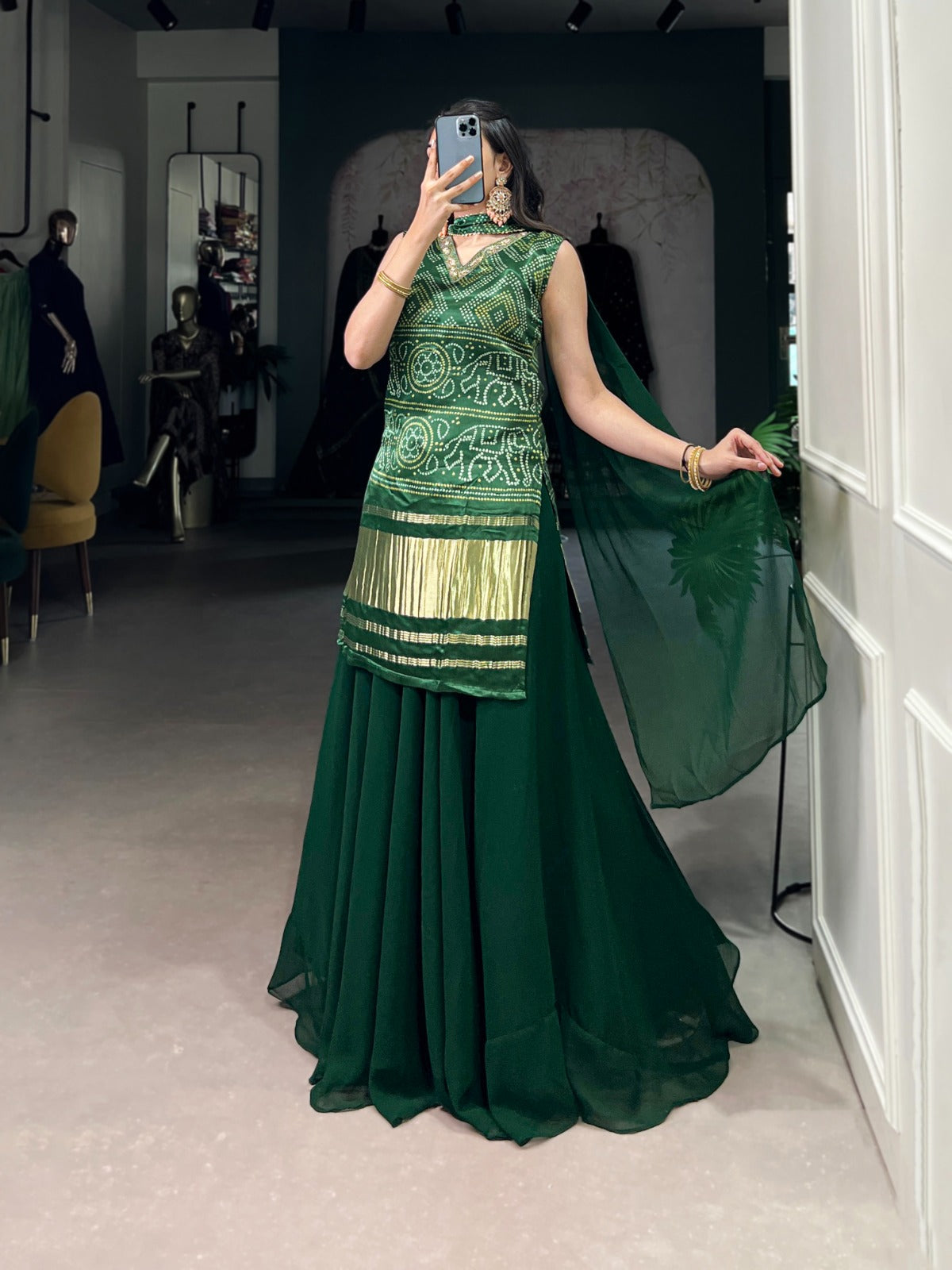 Designer Green Color Gaji Silk Three Piece Plazzo Suit