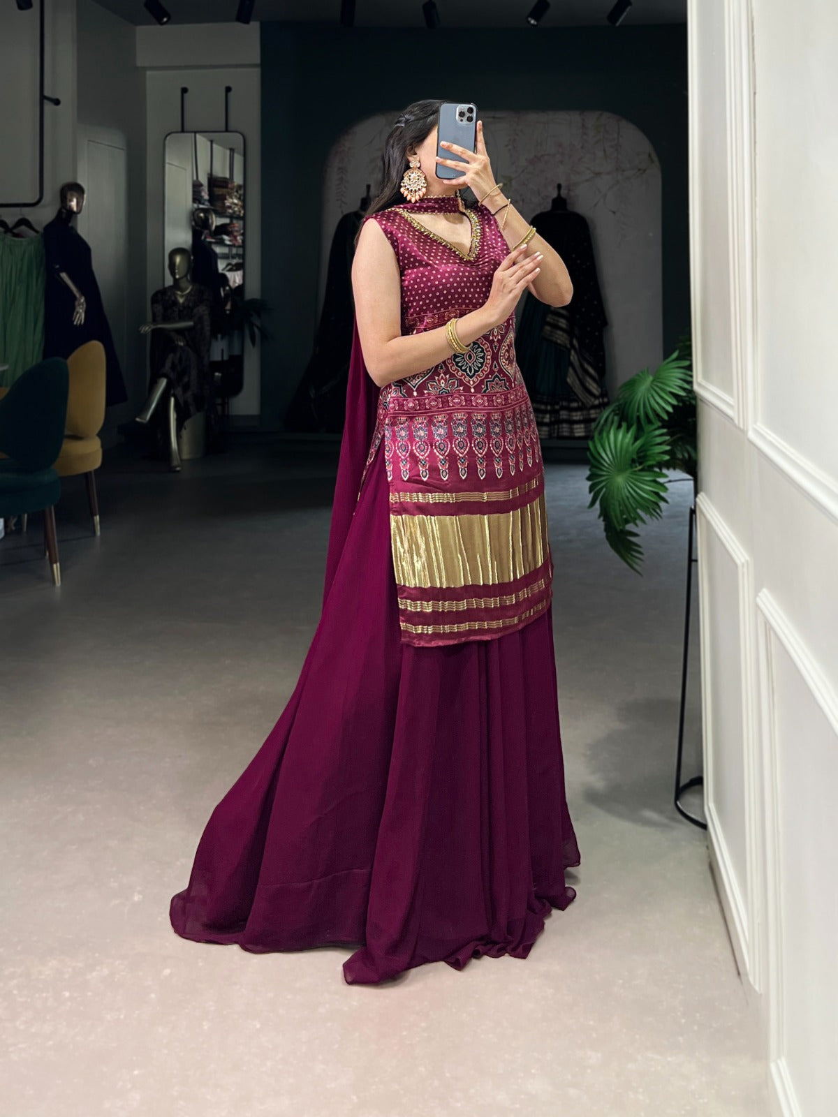 Designer Maroon Color Gaji Silk Three Piece Plazzo Suit