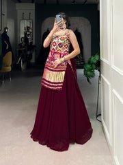 Designer Maroon Color Gaji Silk Three Piece Plazzo Suit