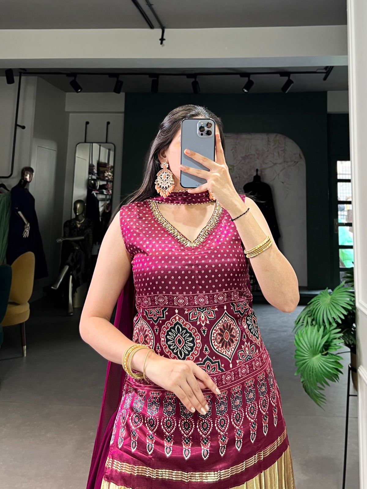 Designer Maroon Color Gaji Silk Three Piece Plazzo Suit