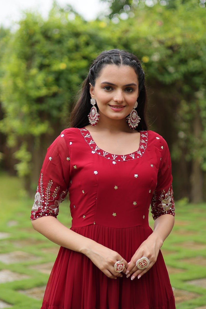 Premium Designer Faux Blooming With Embroidery Zari Sequins Work Gown Stitched
